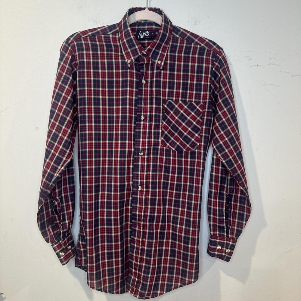 Vintage 80s Levi's red‎ & blue plaid button-up shirt mens SMALL